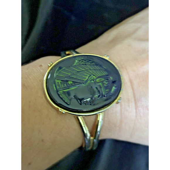 Pharaoh Egyptian Revival Cuff Bracelet Blue Glass & Gold Tone Statement Bracelet - Picture 4 of 13